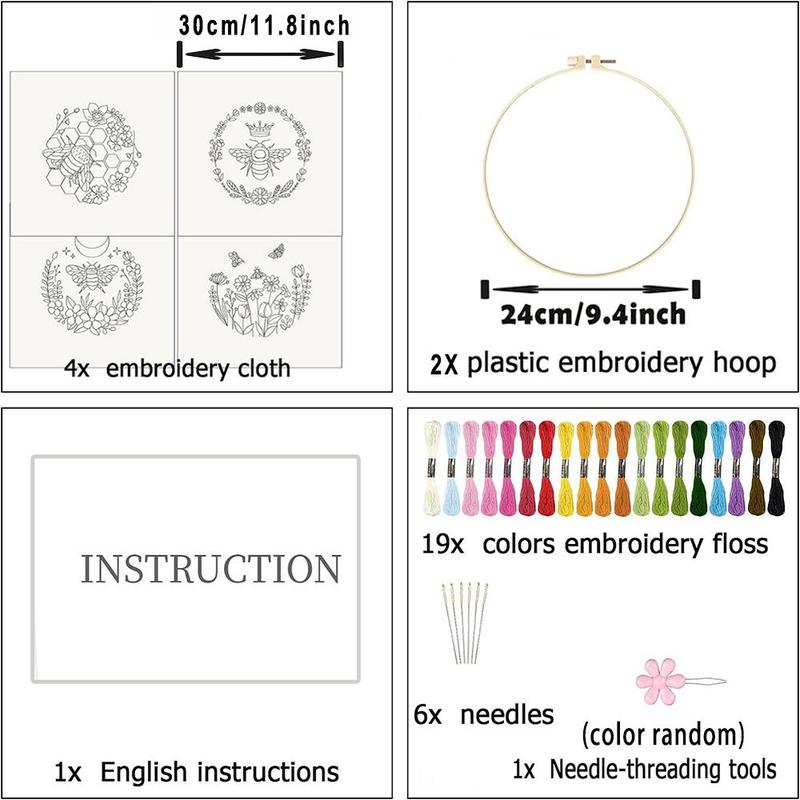 Bee & Flower Pattern Embroidery Kit, 4pcs set DIY Embroidery Set With Accessories, Embroidery Starter Kit For Beginner