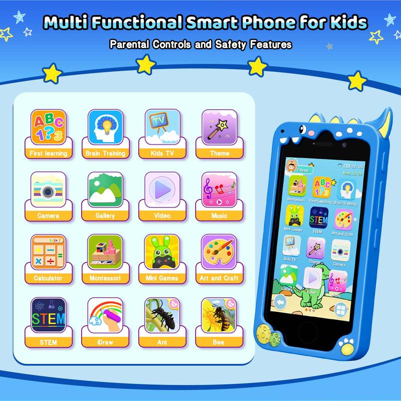 Boys and Girls Kids Smartphone, 4.0 Inch Touch Screen Learning Music Puzzle Games Toddler Phone for 3-9 Years Old, Dual Camera, Built-in 8G SD Card Children's Phone Toy, Kids Birthday Gift Christmas Gift, Blue childrens mp3 music smart phone