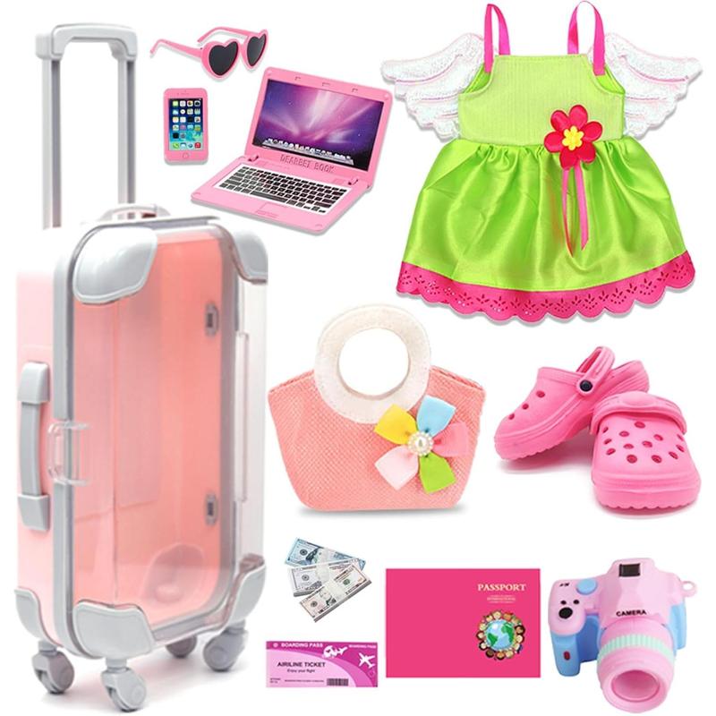 American 18 Inch Doll Clothes and Accessories-Include Dress with Wings, Suitcase Luggage, Sunglasses, Camera, Mobile Phone, Computer, Bag, Clogs Doll Travel Gear Play Set Fit 18 in Girl Doll (No Doll)