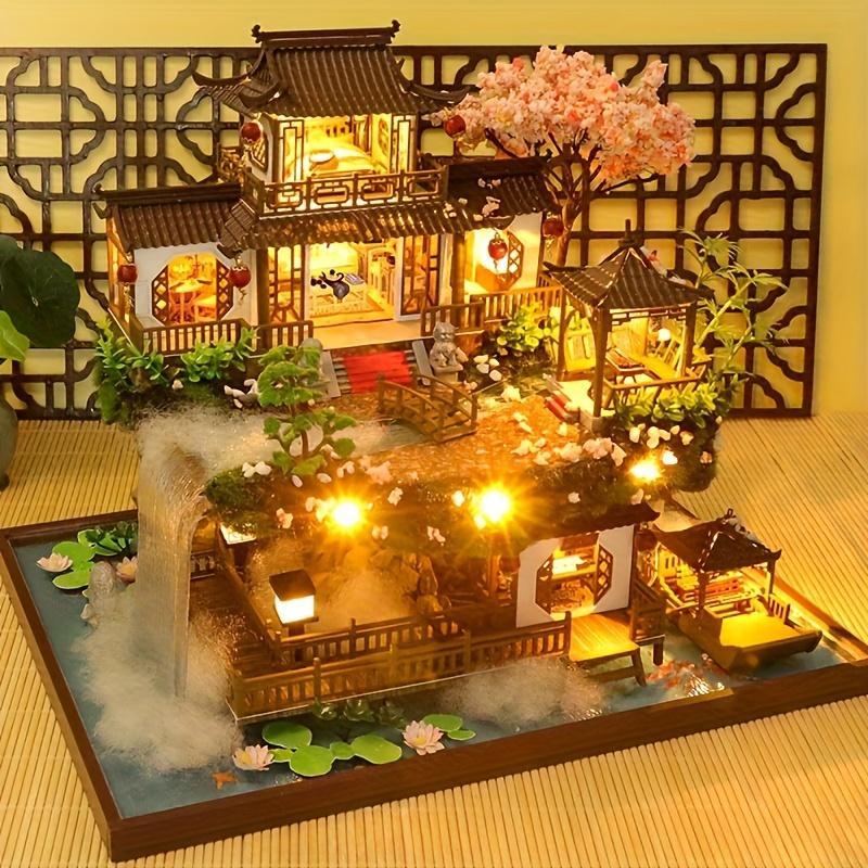 DIY Wooden Assembly Villa Model House, Handmade Craft Cottage Miniature Dollhouse with Furniture & Light Effect, Creative Birthday Gift