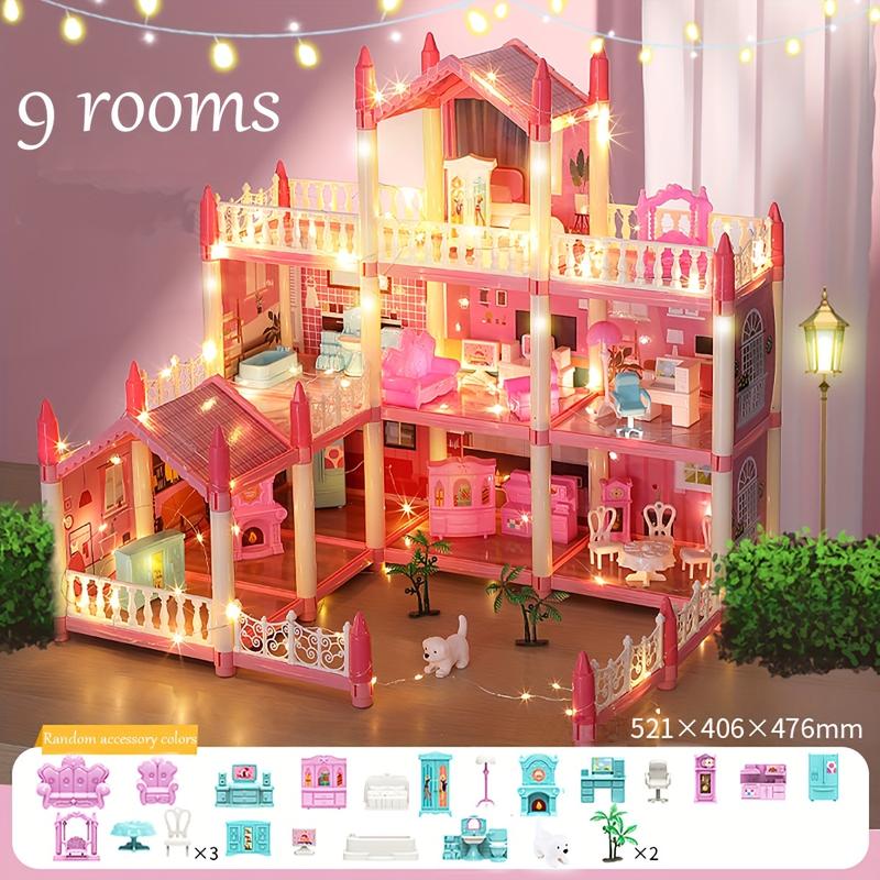 Doll House, Dollhouse For Girls Pretend-Play DIY Dollhouse Kit - 4-Story 11 Rooms Playhouse With 4 Dolls Toy Figures, Furniture And Accessories Set Gift Toy For Kids Ages 3 4 5 6 7 8+