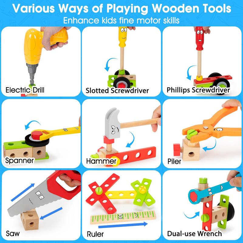 Kids Tool Set Toy with Drill, Stem Montessori Toys for 3 4 5 Years Old Boy Girl, 44 Pack Wooden Toddler Tool Kits Inc Box, Learning Educational Construction Toy