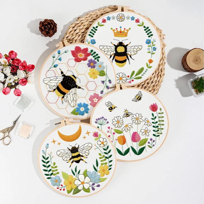 Bee & Flower Pattern Embroidery Kit, 4pcs set DIY Embroidery Set With Accessories, Embroidery Starter Kit For Beginner