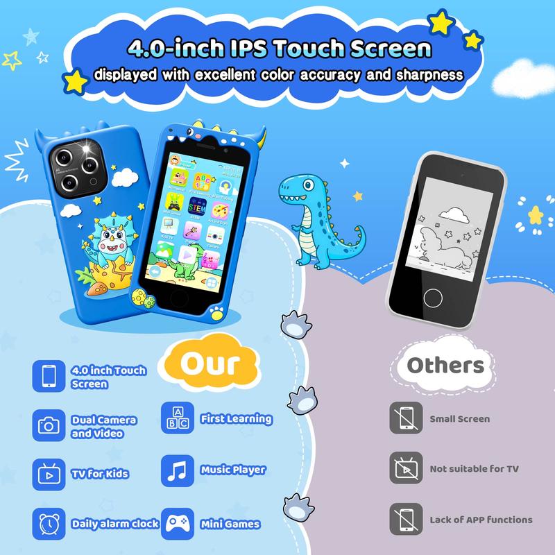 Boys and Girls Kids Smartphone, 4.0 Inch Touch Screen Learning Music Puzzle Games Toddler Phone for 3-9 Years Old, Dual Camera, Built-in 8G SD Card Children's Phone Toy, Kids Birthday Gift Christmas Gift, Blue childrens mp3 music smart phone