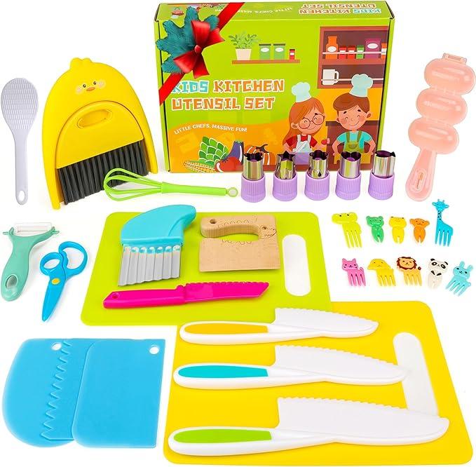 28 Count Kids Cooking Set - Kitchen Tools with Plastic Knives, Cutting Board, Cleaning Tools and More Kitchen Accessories - Kids Knife Set for Real Cooking,Educational Gift for Kids Boys Girls.