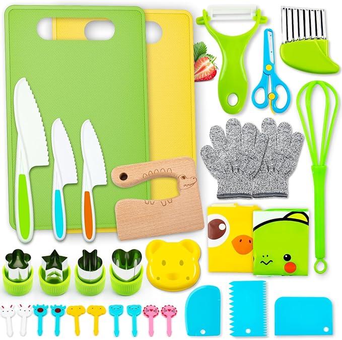 13 17 28counts Safe Children's Kitchen Tool Set,- Children's Toys For Real Cooking, Montessori Kitchen Cooking Set With Cutting Board Crease Kitchenware, Birthday Christmas Gifts For Boys And Girls