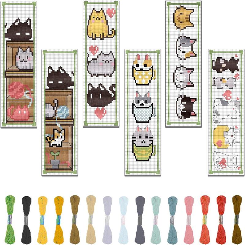 Cartoon Cat Pattern Cross Stitch Kit, 6 Counts set DIY Cross Stitch Bookmark Kit with Random Color Embroidery Accessories