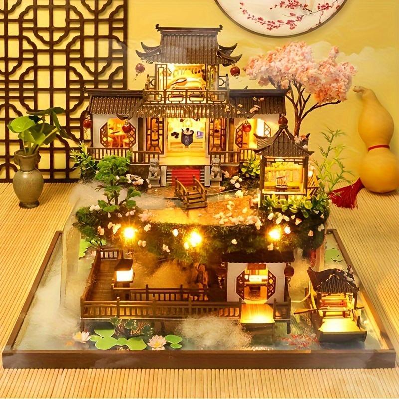 DIY Wooden Assembly Villa Model House, Handmade Craft Cottage Miniature Dollhouse with Furniture & Light Effect, Creative Birthday Gift