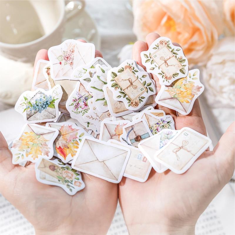 Floral Envelope Sticker, 46pcs set Retro Flower Collage Handmade Decoration Self-adhesive Sticker, Scrapbooking & Stamping Supplies