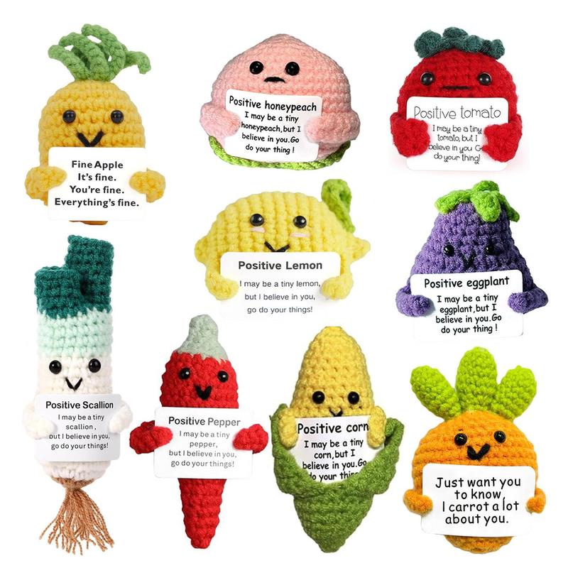 Cute Crochet Vegetable Doll, 9 Counts set Handmade Positive Vegetable Doll with Positive Card, DIY Knitting Gift for Birthdays, Christmas Gift