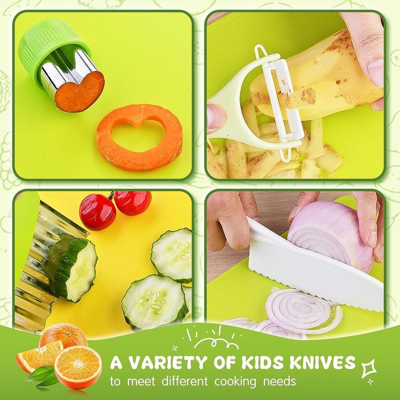 Child's Cooking Set Toy, Fruit & Vegetable Cutter Set, 13-19pcs set Safe Design Plastic Knife & Peeler & Cutter & Cutting Board, Household Kitchen Gadgets, Kitchen Accessories, Summer Gift, Safe Culinary Tools for kids 3-12, FosterSkills & Fun