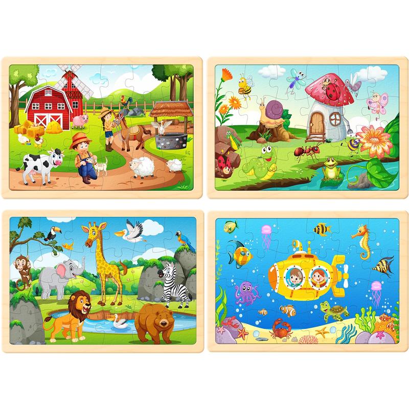 Wooden Puzzles Toys for Kids Ages 4-8, Set of 4 Packs with 24-Piece, Farm, Zoo, Insects, Sea Animals Wood Jigsaw Puzzles, Preschool Educational Brain Teaser Toys