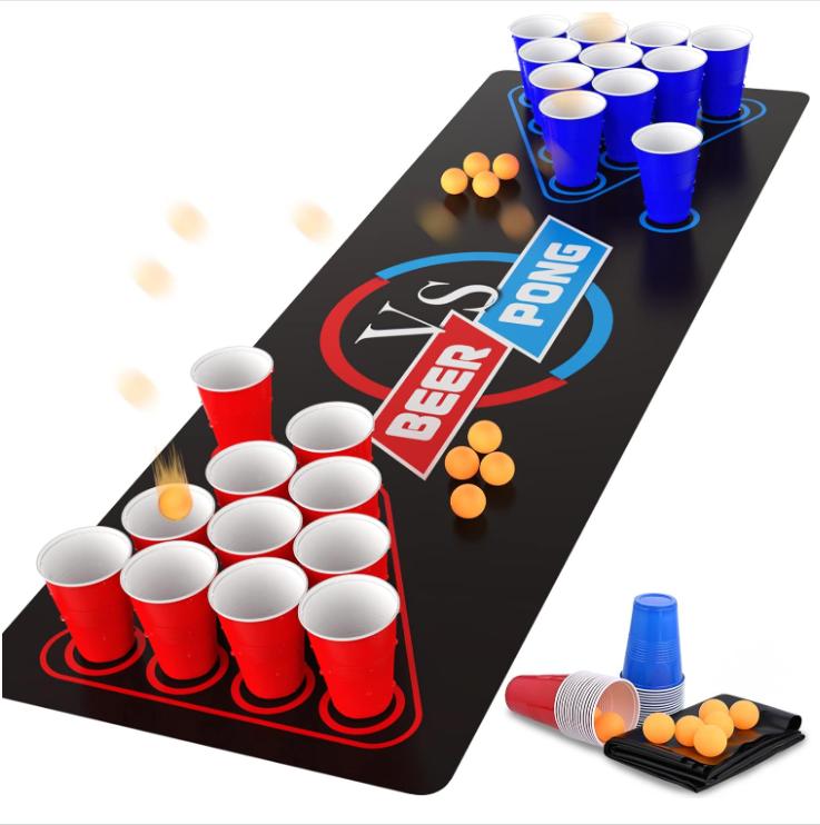 GOLDGE 63 x 23.6 inches Beer Pong Table Mat, Drinking Games for Adults Party, 8pcs Beer Pong Balls, 30pcs Beer Pong Cups