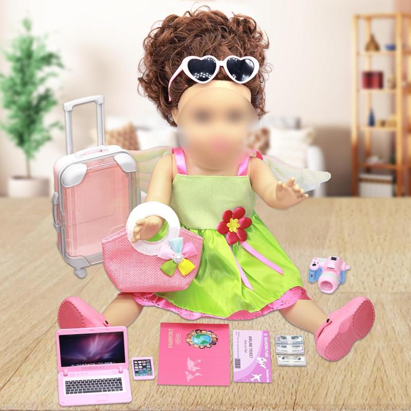 American 18 Inch Doll Clothes and Accessories-Include Dress with Wings, Suitcase Luggage, Sunglasses, Camera, Mobile Phone, Computer, Bag, Clogs Doll Travel Gear Play Set Fit 18 in Girl Doll (No Doll)