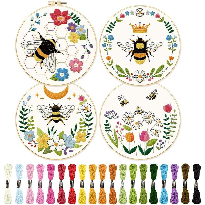 Bee & Flower Pattern Embroidery Kit, 4pcs set DIY Embroidery Set With Accessories, Embroidery Starter Kit For Beginner