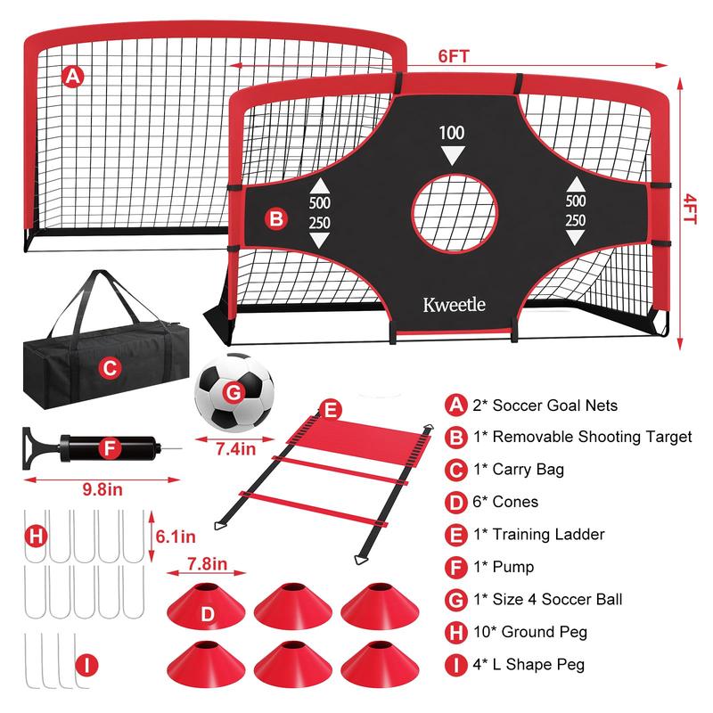 Soccer Goals for Backyard, 2 Set of Soccer Nets for Kids Ages 10-12, 6x4 ft Soccer Training Equipment with Soccer Ball, Training Ladder, Cones, Carry Bag for Outdoor Sports Games