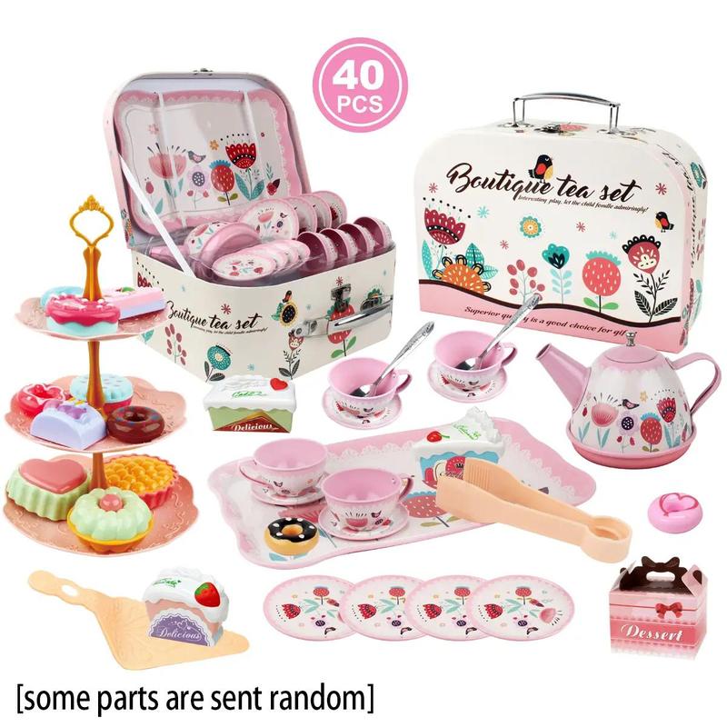 40pcs Children's Play Tinplate Afternoon Tea Play House Toy Set, Role Play, 2-4 Person Parent-child Interactive Toys [Some Parts Are Sent Random]