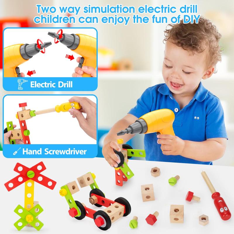 Kids Tool Set Toy with Drill, Stem Montessori Toys for 3 4 5 Years Old Boy Girl, 44 Pack Wooden Toddler Tool Kits Inc Box, Learning Educational Construction Toy