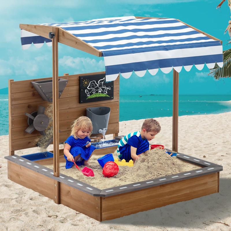 Kids Large Wooden SandBoxes with Roof, Pipleo Outdoor Sand Box Play w Canopy for Backyard Garden Beach, Sand Pit for Beach Patio Outdoor, [Adjustable Cover & Sand Funnel & Drawing Board] - Brown Oak