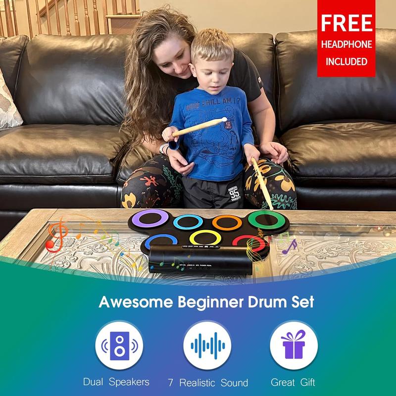 ROCKSOCKI Electric Drum Set, Electronic Drum Set with Headphone Included, Roll-up Drum Practice Pad, Great Holiday Xmas Birthday Gift (Speaker Excluded)