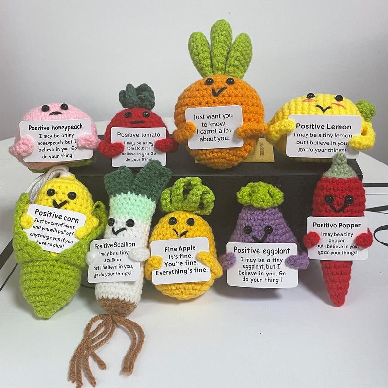 Cute Crochet Vegetable Doll, 9 Counts set Handmade Positive Vegetable Doll with Positive Card, DIY Knitting Gift for Birthdays, Christmas Gift