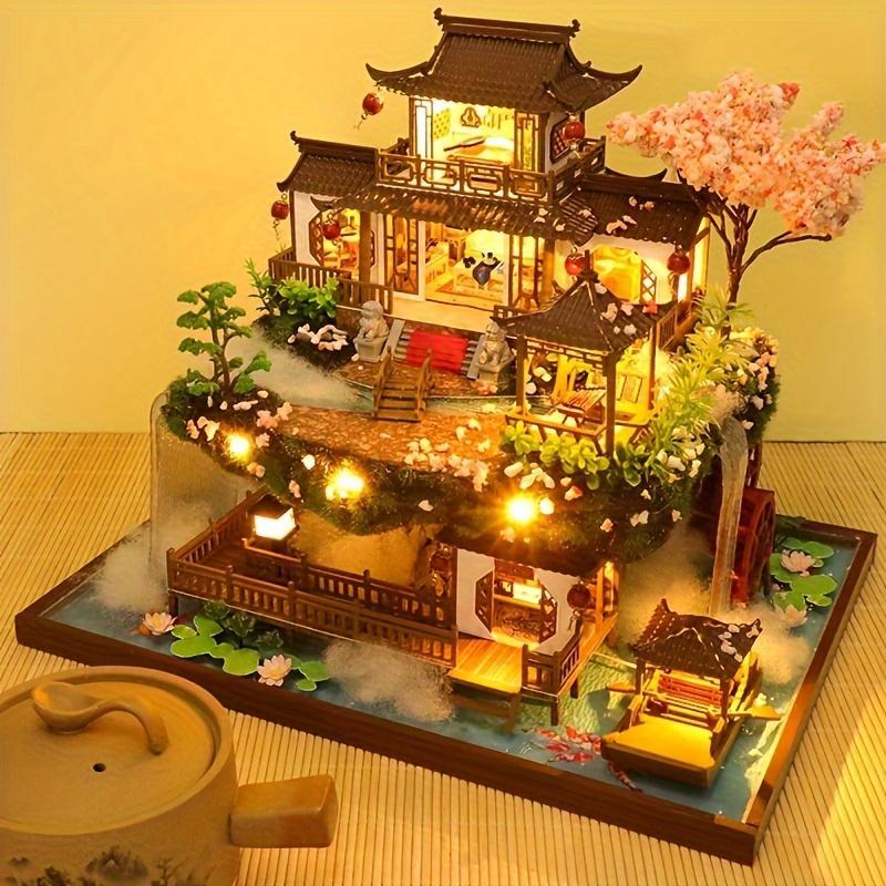 DIY Wooden Assembly Villa Model House, Handmade Craft Cottage Miniature Dollhouse with Furniture & Light Effect, Creative Birthday Gift