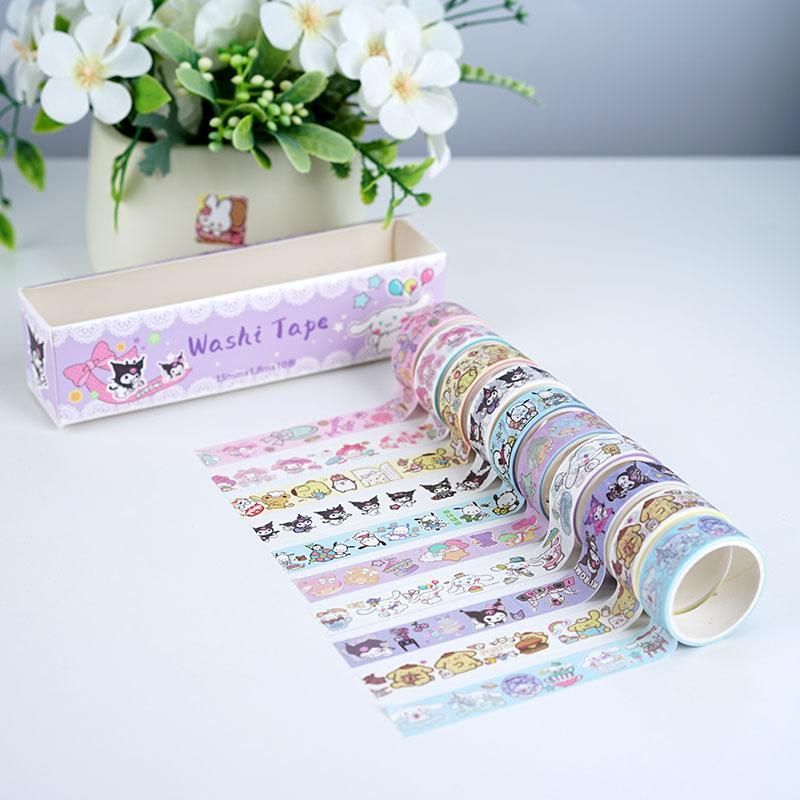 Sanrio Cartoon Cute Animal Pattern Tape, 10 Rolls box Cute Decorative Tape, DIY Decorative Sticker for Scrapbooking, Journaling, Gift Wrapping, Party Favors