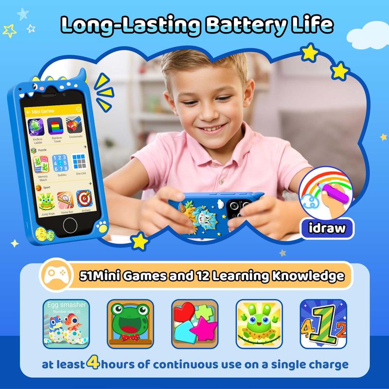 Boys and Girls Kids Smartphone, 4.0 Inch Touch Screen Learning Music Puzzle Games Toddler Phone for 3-9 Years Old, Dual Camera, Built-in 8G SD Card Children's Phone Toy, Kids Birthday Gift Christmas Gift, Blue childrens mp3 music smart phone