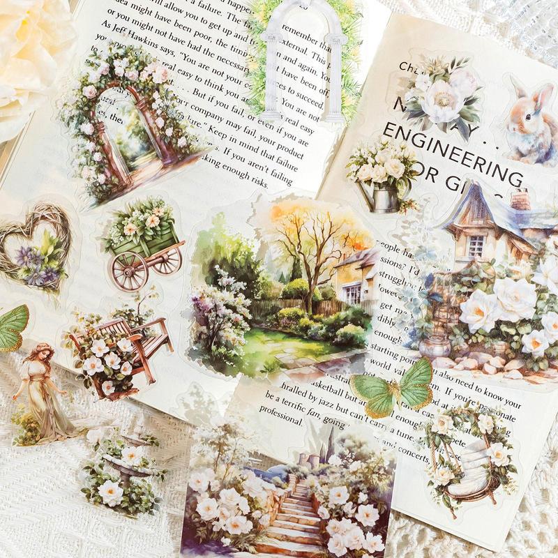 Vintage Flower House Pattern Sticker, 30pcs pack Scrapbooking & Journal Making Material Paper, DIY Decorative Sticker for Stationery Computer Water Bottle