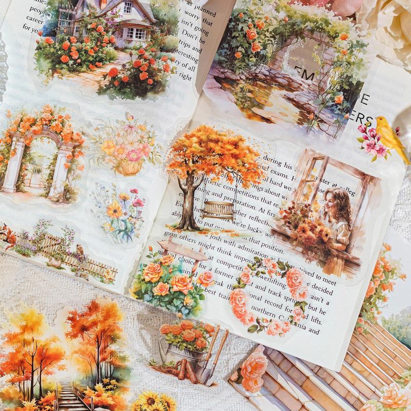 Vintage Flower House Pattern Sticker, 30pcs pack Scrapbooking & Journal Making Material Paper, DIY Decorative Sticker for Stationery Computer Water Bottle