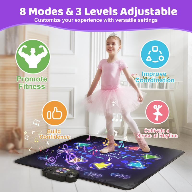 Dance Game Mat for Kids, LED Light-Up 8-Button Dance Pad with Adjustable Volume, Built-in Music, Bluetooth Function, 8 Modes and 3 Difficulty Levels