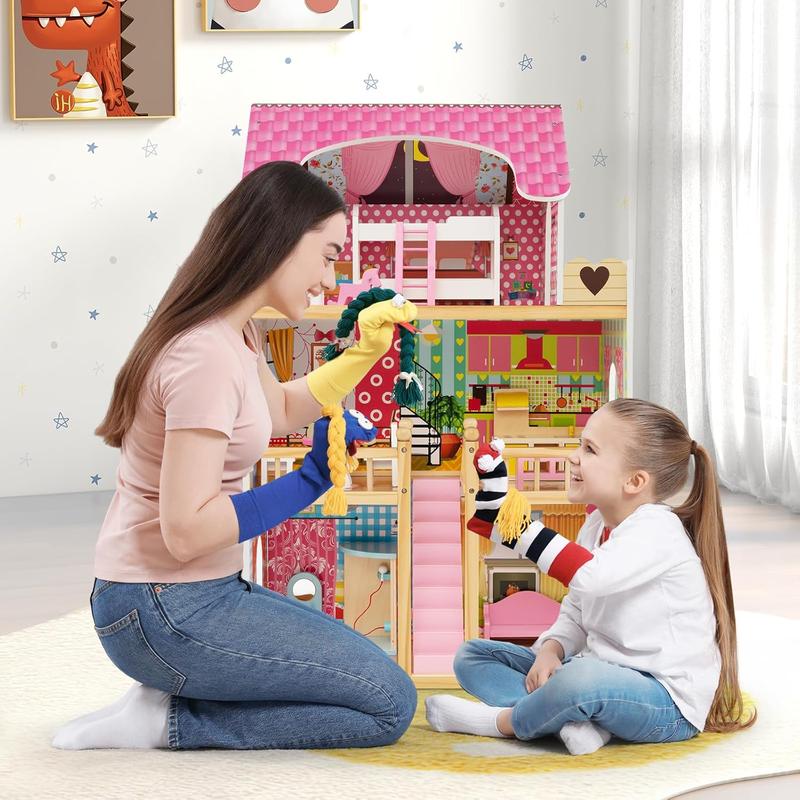 [ShopTab] Festival Joy Doll House for Little Princess, Story Wooden Dollhouse, Pieces Play Accessories & Furniture Included, Pretend Play Doll House Toy