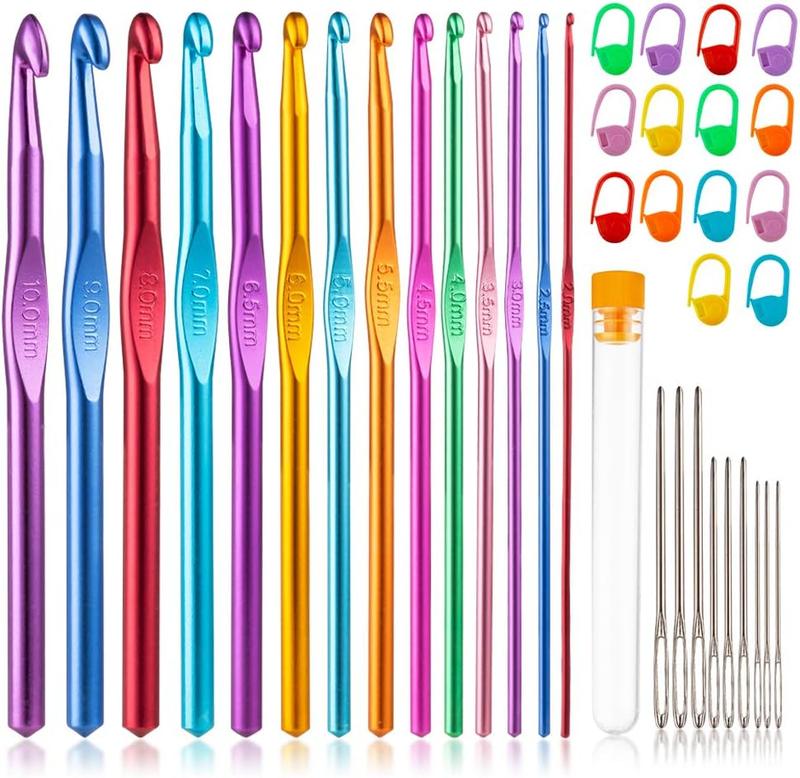 37 PCS Crochet Hooks Set, High Quality Coloured Aluminum Ergonomic Handle Crochet, Hook Needles for Arthritic Hands, with Stitch Markers and Large-Eye Blunt Needles