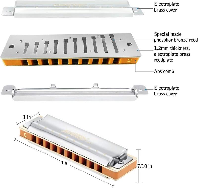 East top Harmonica, Advanced Diatonic Harmonica, 10 Holes Blues Harp Mouth Organ Harmonica with Silver Cover, Blues Harmonicas For Adults, Professionals and Students