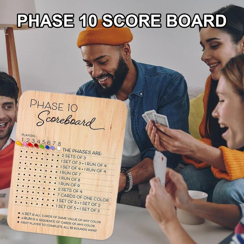 Wooden Phase 10 Score Board, 1 Count Game Score Sheets with Marker Pin, Classic Family Adults Board Card Games Night Table Score Boards  for  Indoor & Outdoor