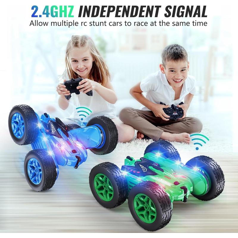 Remote Control Car, RC Cars with Strip Lights and Headlight, 2 Hours Long Battery Life, 4WD Double-Sided 360° Flips Rotating Stunt RC Car Toys, Birthday Gift for Boys Girls (Blue)