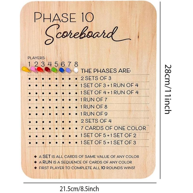 Wooden Phase 10 Score Board, 1 Count Game Score Sheets with Marker Pin, Classic Family Adults Board Card Games Night Table Score Boards  for  Indoor & Outdoor