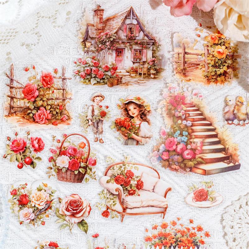 Vintage Flower House Pattern Sticker, 30pcs pack Scrapbooking & Journal Making Material Paper, DIY Decorative Sticker for Stationery Computer Water Bottle