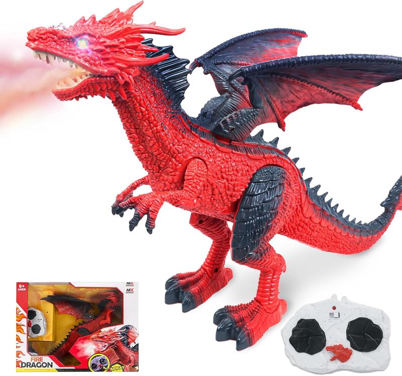 BEZGAR Dragon Toy, Remote Control Dragon, Red Dragon Figure Learning Realistic Looking Large Size with Roaring Spraying Light Up Eyes, Fire Breathing Dragon for age 4+ dinosaur  animal