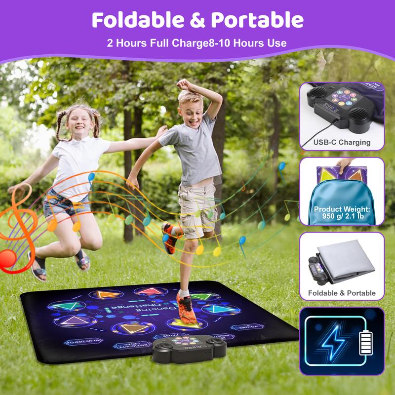 Dance Game Mat for Kids, LED Light-Up 8-Button Dance Pad with Adjustable Volume, Built-in Music, Bluetooth Function, 8 Modes and 3 Difficulty Levels