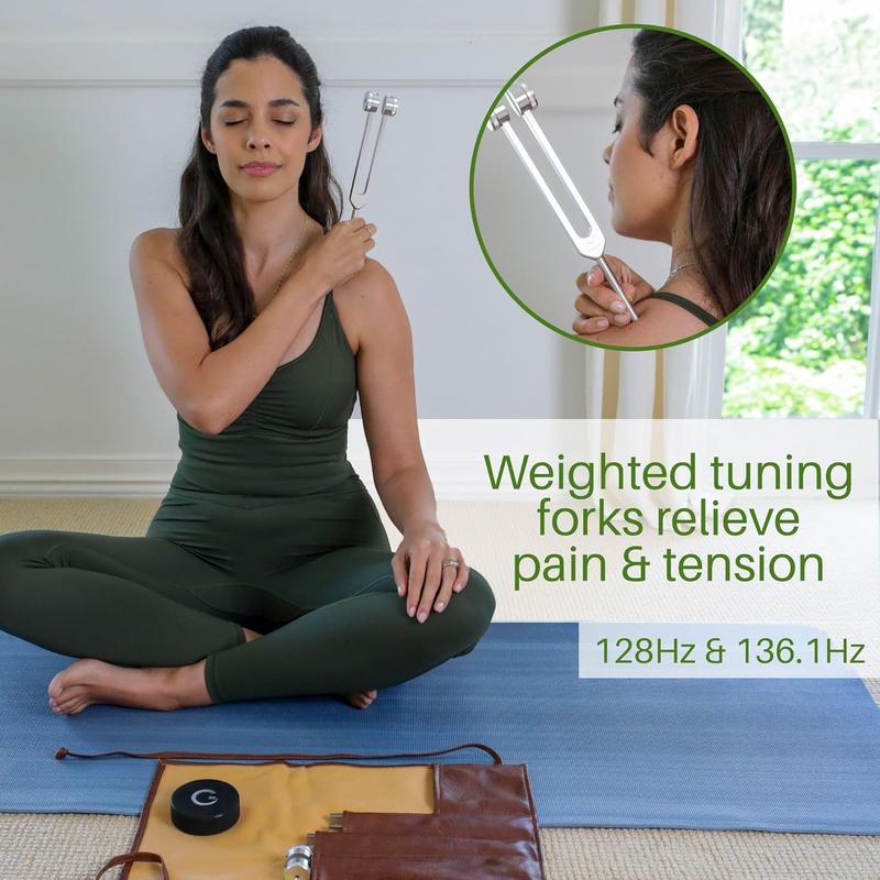 Resonance Tuning Forks for Healing Set - Weighted & Unweighted Tuning Fork Set Including 128Hz, 136Hz, 256Hz, 384Hz & Hockey Puck Activator - Chakra Sound Therapy Instruments in a Vegan Leather Pouch