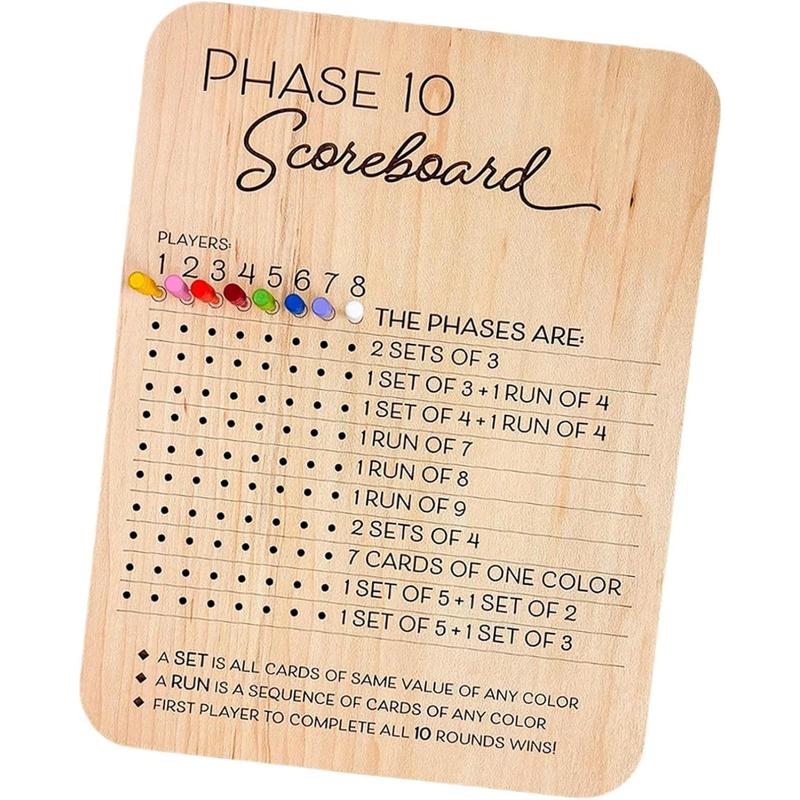 Wooden Phase 10 Score Board, 1 Count Game Score Sheets with Marker Pin, Classic Family Adults Board Card Games Night Table Score Boards  for  Indoor & Outdoor