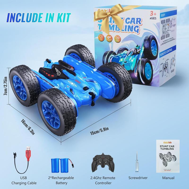 Remote Control Car, RC Cars with Strip Lights and Headlight, 2 Hours Long Battery Life, 4WD Double-Sided 360° Flips Rotating Stunt RC Car Toys, Birthday Gift for Boys Girls (Blue)