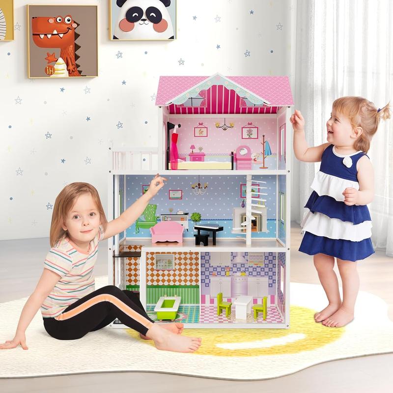 [ShopTab] Festival Joy Doll House for Little Princess, Story Wooden Dollhouse, Pieces Play Accessories & Furniture Included, Pretend Play Doll House Toy