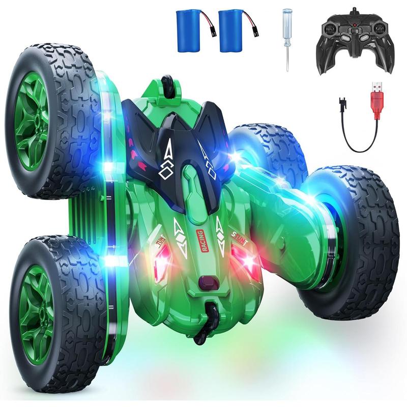 Remote Control Car, RC Cars with Strip Lights and Headlight, 2 Hours Long Battery Life, 4WD Double-Sided 360° Flips Rotating Stunt RC Car Toys, Birthday Gift for Boys Girls (Blue)