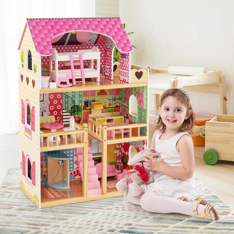 [ShopTab] Festival Joy Doll House for Little Princess, Story Wooden Dollhouse, Pieces Play Accessories & Furniture Included, Pretend Play Doll House Toy