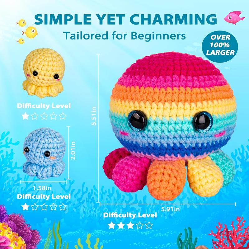 Crochetta Crochet Kit for Beginners, Crochet Kit Step-by-Step Video Tutorials, Crochet Starter Kit Learn to Crochet Kits for Adults Kids Beginners, Jumbo 3 Colorful Octopus Familly (40%+ Yarn Content)