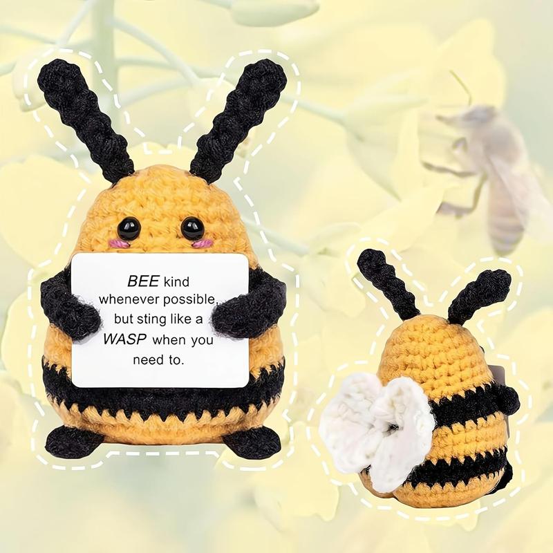 Funny Positive Bee Crochet Kit, 3 Counts Mini Crochet Bee with Positive Affirmations Card, Knitted Doll Pocket Hug Bee with Emotional Inspirational Card