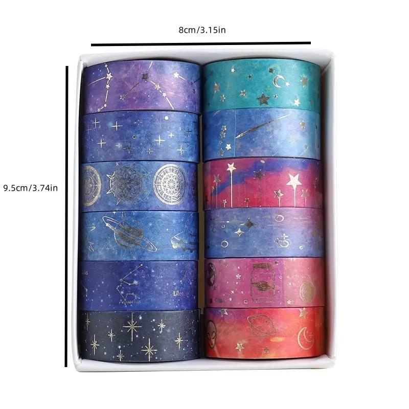 Starry Sky Themed Washi Tape Set for Christmas Gift, 12 Rolls box Handbook DIY Decoration Aesthetic Sticker, Scrapbooking & Journal Making Material Gift for Student