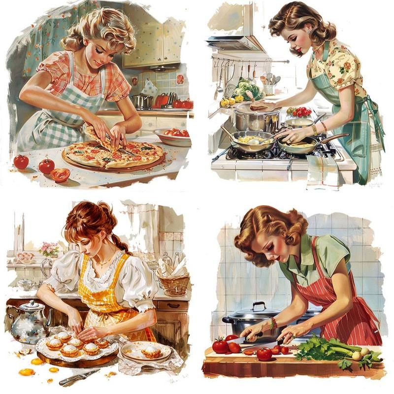 Vintage Kitchen Woman Pattern Sticker, 20pcs set Retro Kitchen Woman Anime Sticker, DIY Decorative Sticker for Scrapbooking, Journaling, Gift Wrapping